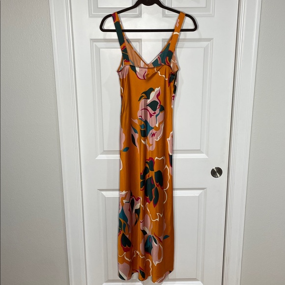 Reformation Daytona Silk Dress Medium Sleeveless Orange Floral Midi V Neck - Picture 11 of 16